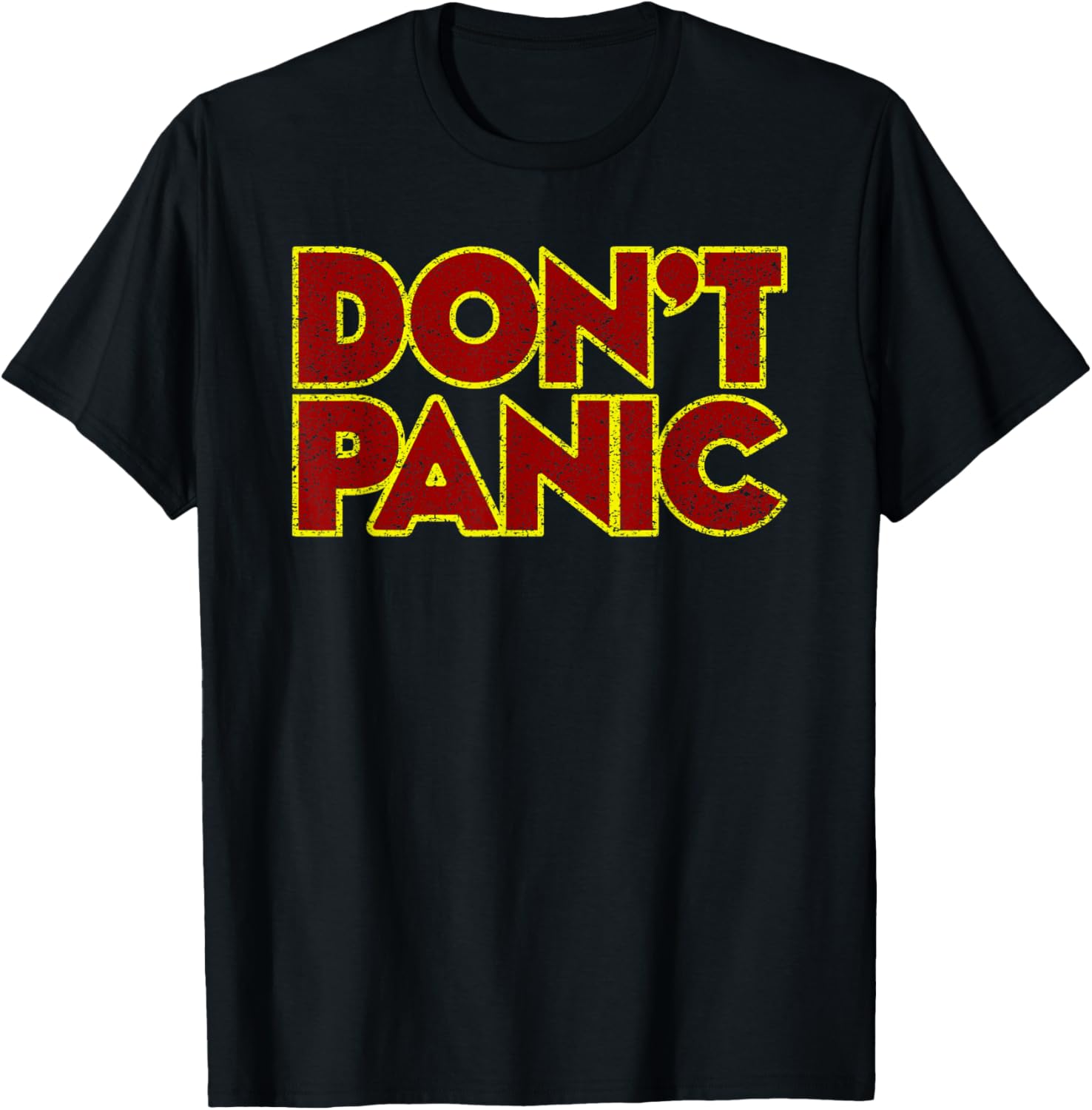 FUN NOSTALGIC TEES DON'T PANIC T Shirt   Women's Classic Fit Black Distressed Letter Print T Shirt   Small