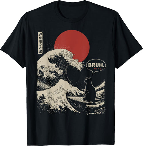 "BRUH." The Great Wave Kanagawa Funny Japanese Surfing Cat
